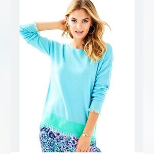 Lilly Pulitzer Fairfax Cashmere‎ Sweater Blue Green Fringe Hems Boatneck Boxy